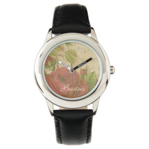 Vintage Red Roses Floral Music Sheet Custom Name Watch