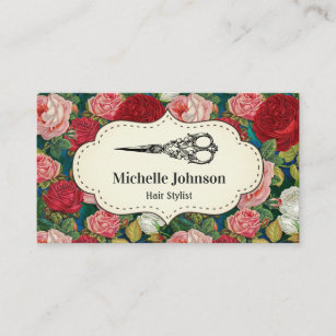 Vintage Red Roses Floral Scissors Hair Stylist Business Card