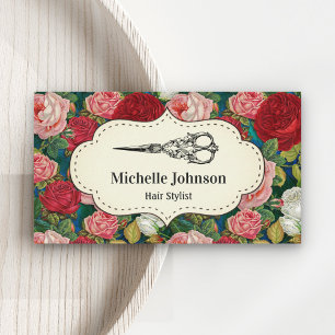 Vintage Red Roses Floral Scissors Hair Stylist Business Card