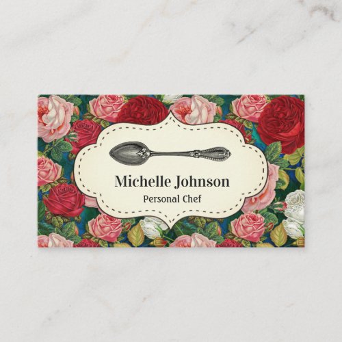 Vintage Red Roses Floral Spoon Catering Chef Business Card