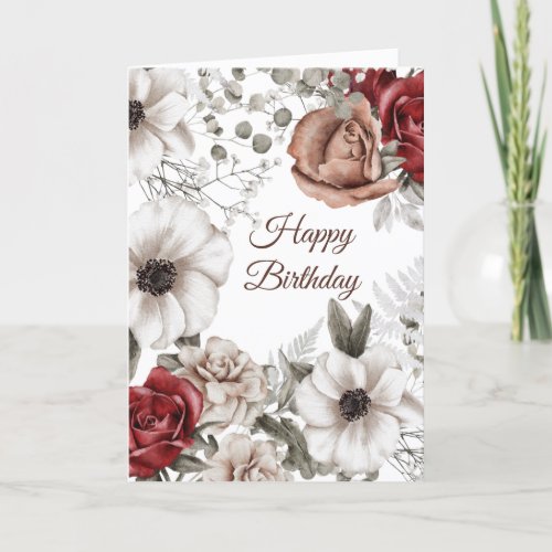 Vintage Red Roses Floral Watercolor Birthday Card