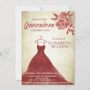 Vintage red roses glittery dress invitation
