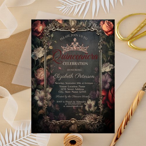 Vintage Red Roses Gothic Stripes Quinceaera  Invitation