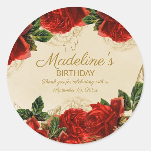 Vintage Red Roses Green Leaves Birthday Party Classic Round Sticker