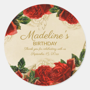 Vintage Red Roses Green Leaves Birthday Party Classic Round Sticker