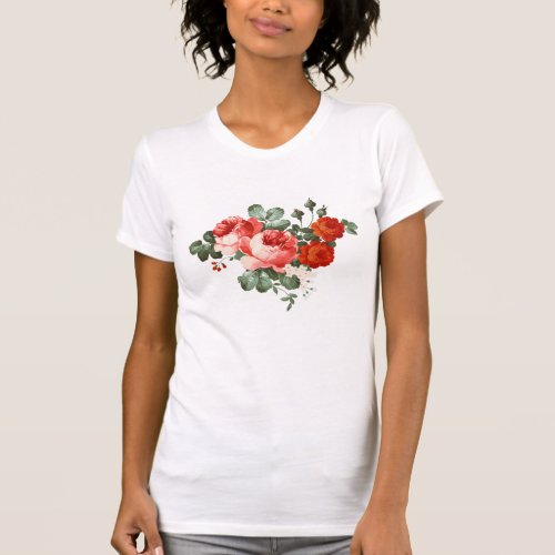 Vintage Red Roses Hand Drawn Style T_Shirt