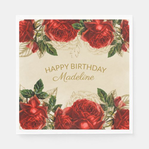 Vintage Red Roses Happy Birthday Womens Napkins