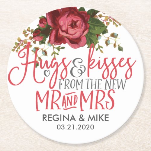 Vintage Red Roses Hugs and Kisses New Mr and Mrs Round Paper Coaster