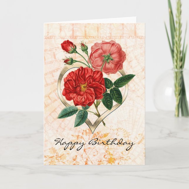 Vintage Red Roses in Gold Heart Birthday Card (Front)