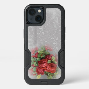 Vintage Red Roses on Gray Damask Otter Box iPhone 13 Case