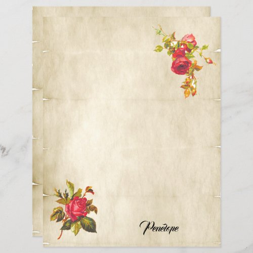 Vintage Red Roses on Parchment and Name Stationery
