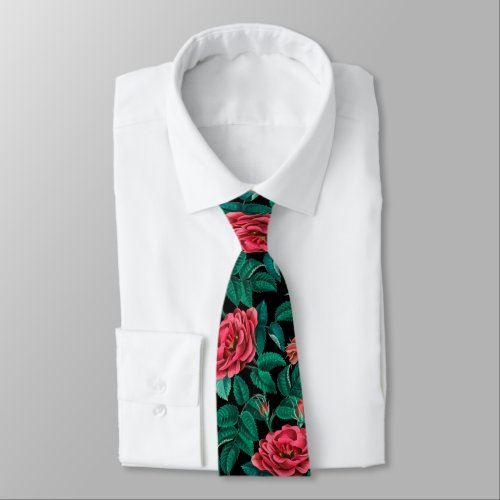 Vintage Red Roses Pattern Neck Tie
