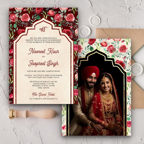 Vintage Red Roses Photo Anand Karaj Sikh Wedding Invitation