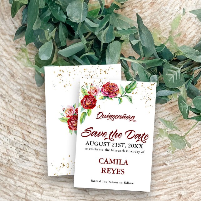 Vintage Red Roses Quinceanera Save The Date (Quinceanera save the date cards from my Vintage Floral Red Roses Quinceanera Collection)