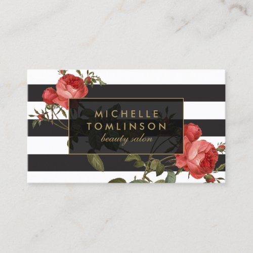 Vintage Red Roses Striped Salon II Business Card