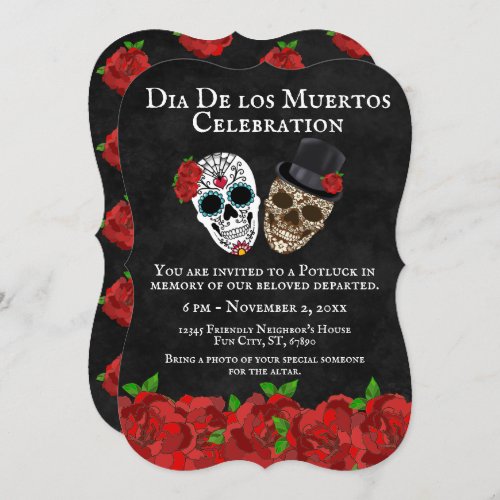 Vintage Red Roses Sugar Skulls Dia De Muertos Invitation