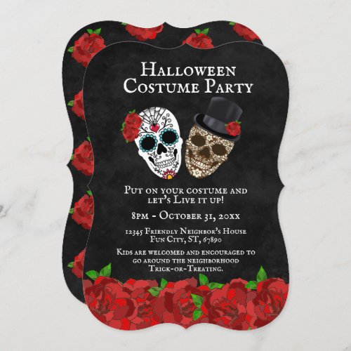 Vintage Red Roses Sugar Skulls Halloween Party Invitation