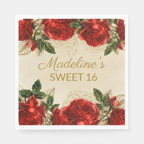 Vintage Red Roses Sweet 16 Birthday Napkins