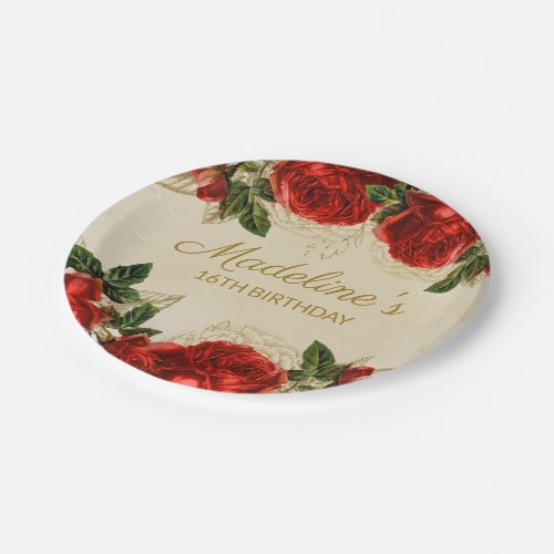 Vintage Red Roses Sweet 16 Birthday Paper Plates