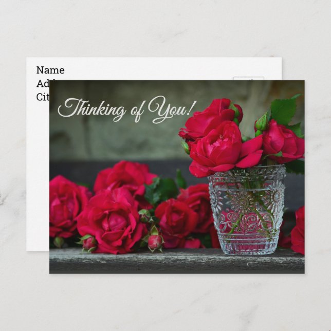 Vintage Red Roses Vase, Thinking of You, Postcard (Front/Back)
