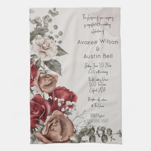 Vintage Red Roses Wedding Invitation Kitchen Towel