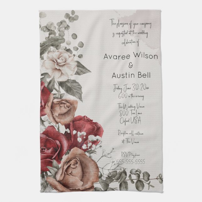 Vintage Red Roses Wedding Invitation Kitchen Towel (Vertical)