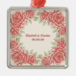 Vintage Red roses Wedding Save the Date ornament