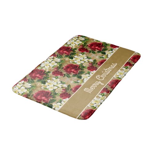 Vintage Red Roses White Lilies Merry Christmas Bath Mat