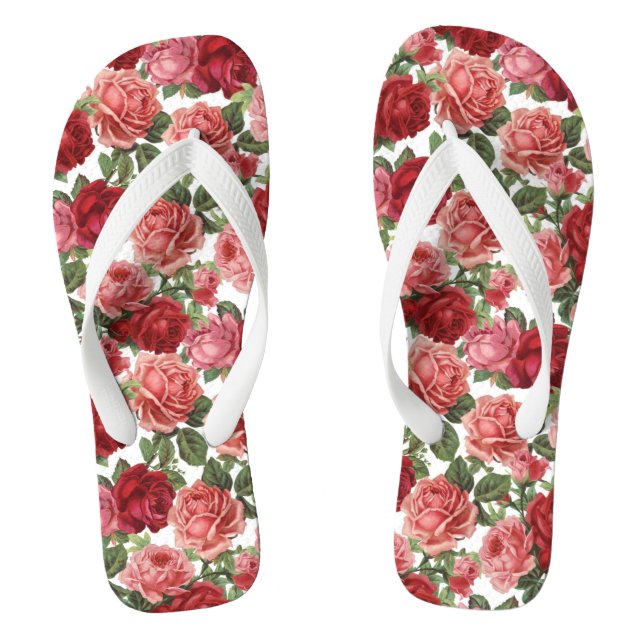 VINTAGE RED ROSES Wide Strap FlipFlops Thongs (Footbed)