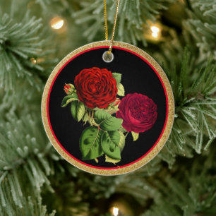 Vintage Red Roses with Gold Glitter Christmas Ceramic Ornament