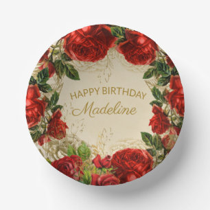 Vintage Red Roses Women's Happy Birthday Paper Bowls