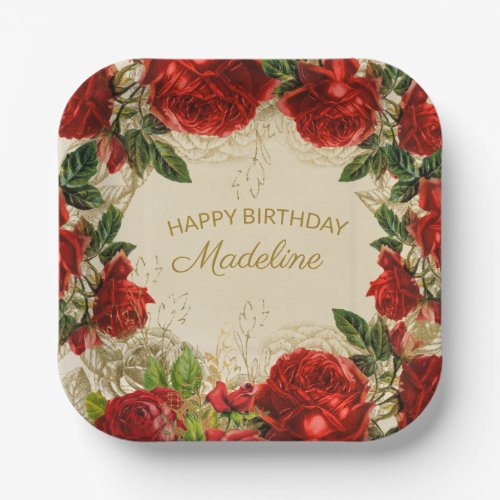 Vintage Red Roses Womens Happy Birthday  Paper  Paper Plates