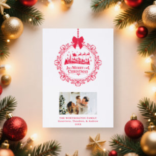 Vintage Red Santa Claus & Sleigh Merry Christmas Letterpress Photo Cards