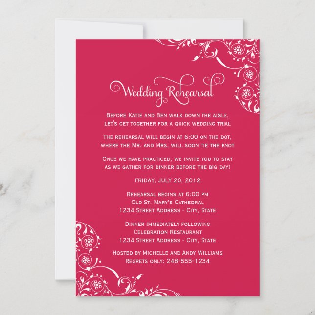 Vintage Red Scrolls Wedding Rehearsal and Dinner Invitation (Front)