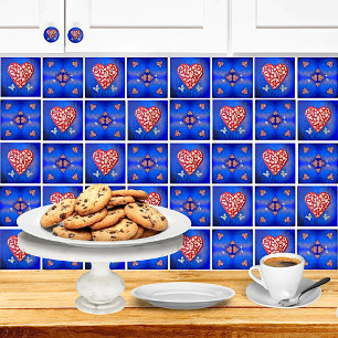 Vintage Red & Silver Milagro Heart With Butterfly Ceramic Tile