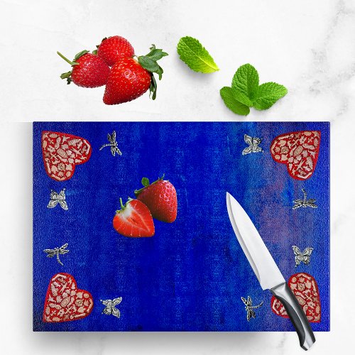 Vintage Red  Silver Milagro Heart With Butterfly Cutting Board