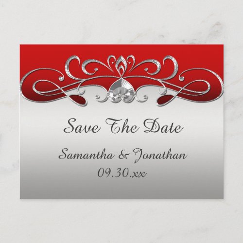 Vintage Red Silver Ornate Swirls Save The Date Announcement Postcard