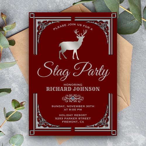 Vintage Red Silver Stag Bachelor Party Invitation