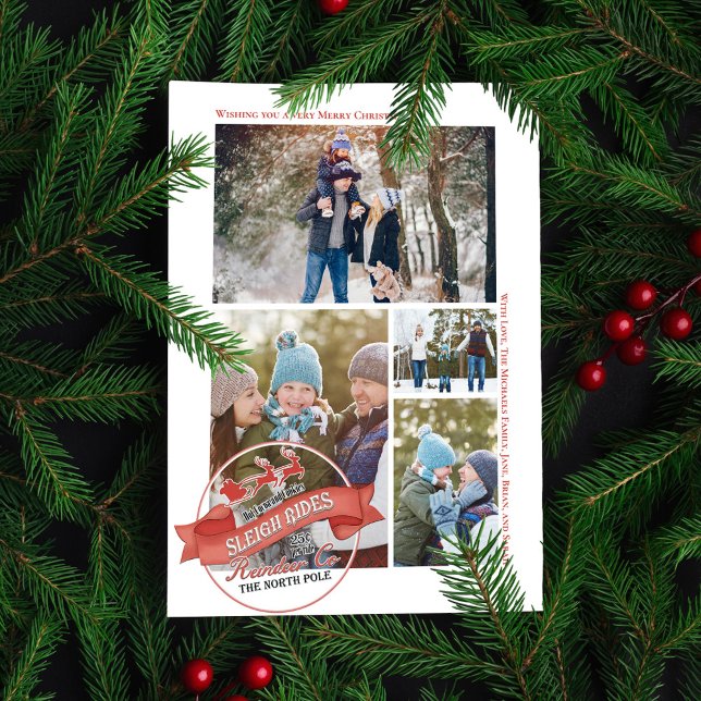 Vintage Red Sleigh Rides Photo Collage Holiday Card (Whimsical Santa Sleigh rides typography sign. )