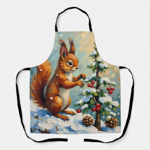 Vintage Red Squirrel Pine Tree Christmas Apron