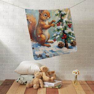 Vintage Red Squirrel Pine Tree Christmas Baby Blanket