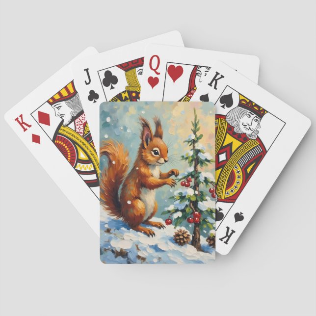 Vintage Red Squirrel Pine Tree Christmas Poker Cards (Back)