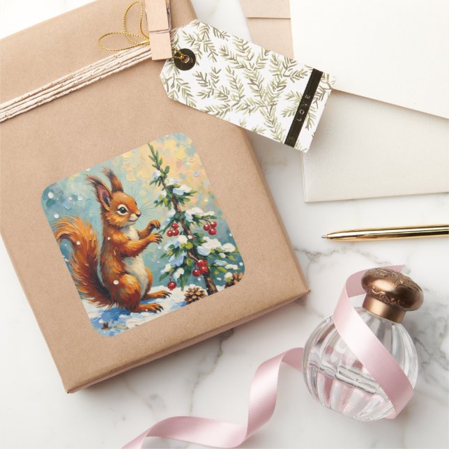 Vintage Red Squirrel Pine Tree Christmas Square Sticker (Gifting)