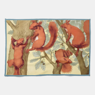 Vintage red squirrels nature fall Verneuil art Kitchen Towel