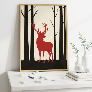 Vintage Red Stag Silhouette in Forest Nature  Poster