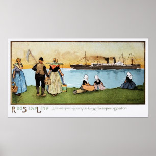 Vintage Red Star Line Antwerp New York Boston Poster