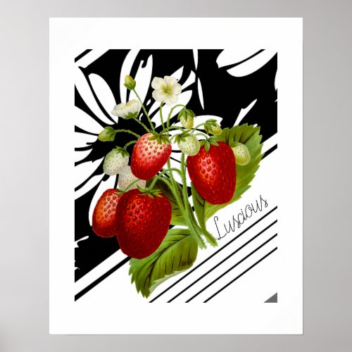 Vintage Red Strawberries Black White Graphic Poster