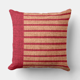 Vintage Red Stripes Burlap Linen Rustic Jute Throw Pillow