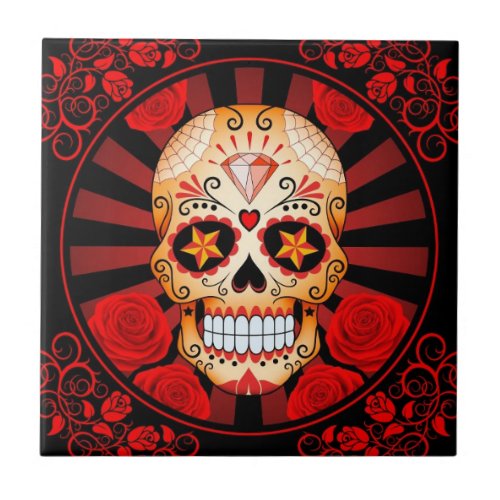 Vintage Red Sugar Skull with Roses Poster Ceramic Tile