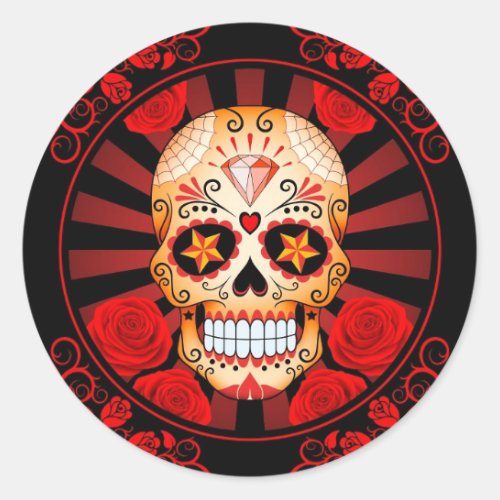 Vintage Red Sugar Skull with Roses Poster Classic Round Sticker